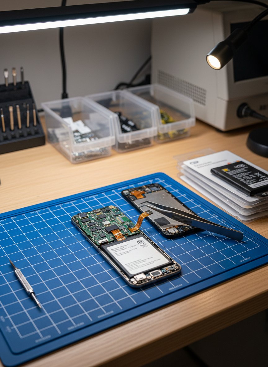 A highly detailed, photographic overhead view of a phone repair workbench featuring an open smartphone with its back cover removed, revealing intricate internal components: battery, motherboard, tiny connectors, and ribbon cables. Surrounding the device are precision tweezers, a miniature screwdriver set, replacement batteries and screens, and a blue antistatic mat with subtle grid markings. The setting is a dedicated repair station in a professional shop, with the background softly blurred but suggesting more tools, parts organizers, and diagnostic equipment. Bright, neutral overhead lighting ensures every component is clearly visible, while small directional task lights create subtle highlights and depth. The mood is technical, meticulous, and competent, emphasizing careful, expert workmanship and the clean, organized environment typical of a high-quality phone repair service.