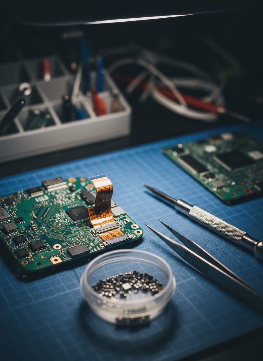 A close, photographic macro-style shot of a smartphone logic board being serviced, focusing on a tiny connector and ribbon cable seated on the green circuit board with gold traces. Nearby lie an ultra-fine tip screwdriver, precision tweezers, and a small container of replacement components, all resting on a textured antistatic mat. The background softly fades into a blur of other tools and parts organizers, suggesting a well-equipped professional repair bench. Focused, cool LED task lighting illuminates the board, making the metallic contacts and microchips glint subtly, while the edges fall into gentle shadow to emphasize depth. The composition uses shallow depth of field and tight framing to create an intense, technical mood, showcasing careful, expert electronic repair work without any human presence.