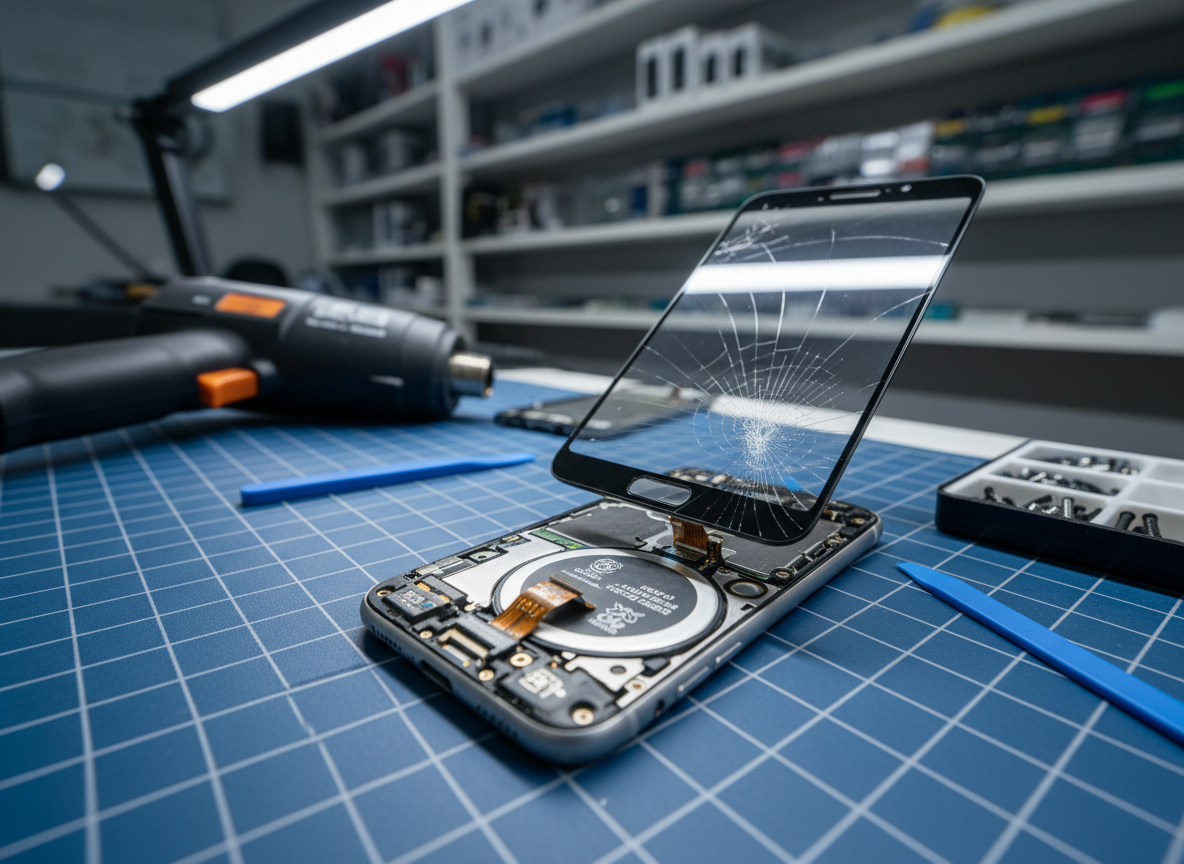 A detailed, photographic close-up of a smartphone undergoing screen replacement on a blue antistatic mat, captured mid-process. The old cracked screen is set aside in the background, slightly blurred, while the phone’s exposed frame and a new, spotless display panel take center stage. A calibrated heat gun, plastic pry tools, and a small tray of organized screws frame the main subject without clutter. The setting is a modern, well-lit repair shop, suggested by soft-focus shelves of parts and equipment behind. Neutral, bright LED task lighting from above and one side creates crisp, shadowless clarity on the components and subtle reflections on the glass. Composed at a low, three-quarter angle with a shallow depth of field, the mood is precise, methodical, and highly professional.