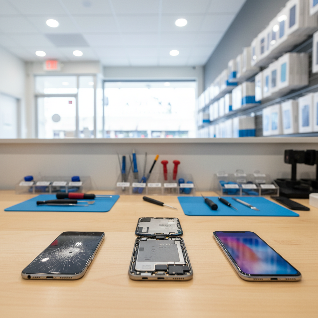 A wide, photographic shot of a tidy phone repair counter in a Sherman Oaks storefront, featuring a smooth light-wood work surface with multiple smartphones neatly lined up: one with a shattered screen, one mid-repair with its display lifted, and one fully restored, pristine and powered on. Behind the counter, clean shelving holds boxed replacement screens, organized tools, and antistatic mats, all slightly out of focus to keep attention on the devices. Bright, diffused daylight streams through an unseen front window, combining with cool ceiling LEDs to create an evenly lit, inviting space. The composition uses a gentle wide-angle, eye-level perspective with clear depth, conveying a calm, efficient, and trustworthy neighborhood repair shop atmosphere with a professional, modern feel.
