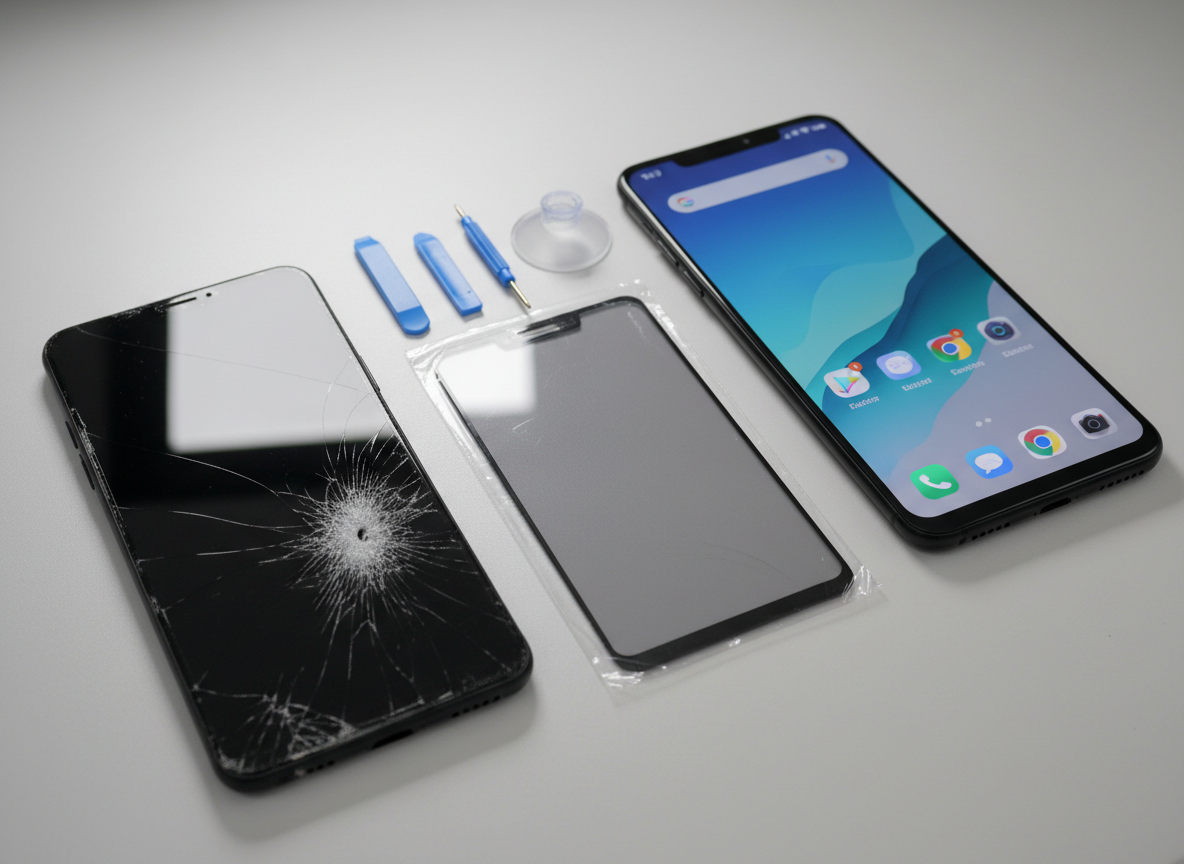 A side-by-side, photographic composition showing a smartphone in a clear before-and-after repair scenario on a single clean gray surface. On the left, the phone appears severely damaged with a cracked screen, scuffed edges, and a dark, unresponsive display. On the right, the same model is perfectly restored, its glass flawless and glossy, showing a bright, generic home screen without any readable text or logos. Between the two, a few neatly placed tools and a replacement screen hint at the repair process. Soft studio lighting from above and slightly to one side creates gentle reflections and emphasizes the transformation. Shot from a slightly elevated angle with sharp focus and a minimalist background, the mood is confident and reassuring, highlighting the effectiveness and professionalism of the repair service.