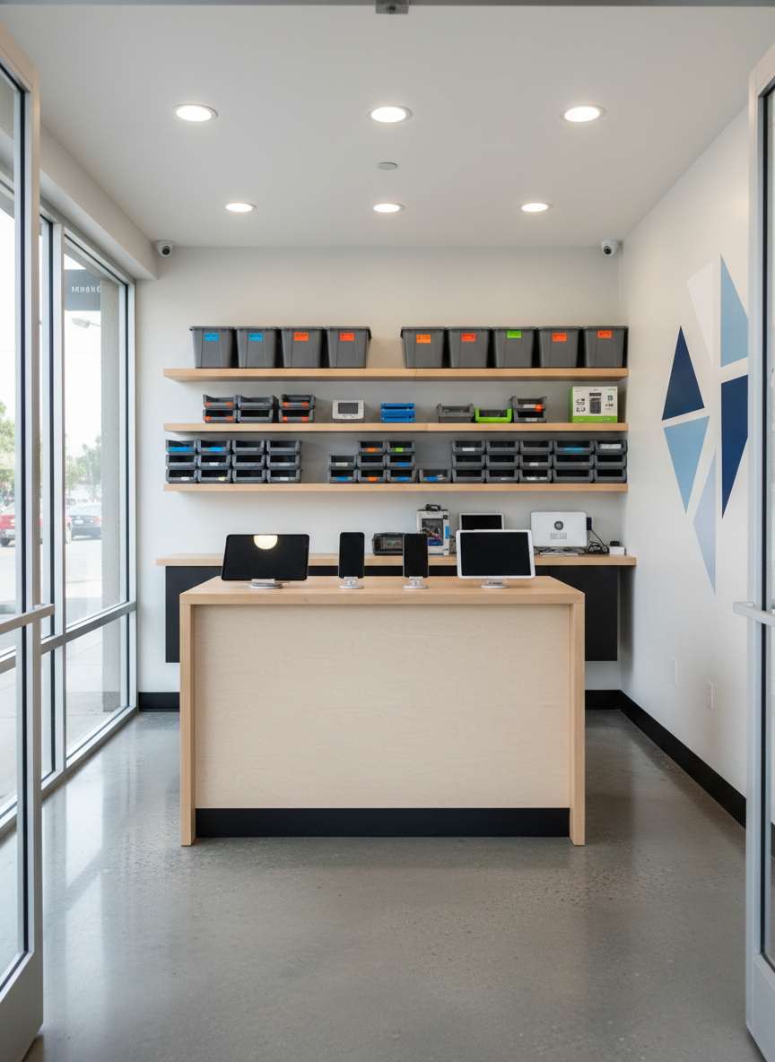 A photographic interior scene of a compact, modern phone repair shop in Sherman Oaks, viewed from just inside the entrance. A sleek front counter with a smooth, light-wood top displays a few neatly arranged, fully repaired smartphones and tablets, screens gleaming. Behind the counter, a wall of organized shelves holds labeled storage bins, replacement screens, and diagnostic equipment, all kept slightly out of focus. The space is illuminated by a mix of natural daylight from the storefront windows and evenly diffused ceiling LEDs, creating a bright, welcoming environment with minimal glare. The floor is clean, with subtle reflections, and signage is implied through shapes and color blocks without readable text. Shot at eye level with balanced composition, the mood is professional, trustworthy, and efficient, ideal for a fast, reliable repair business.