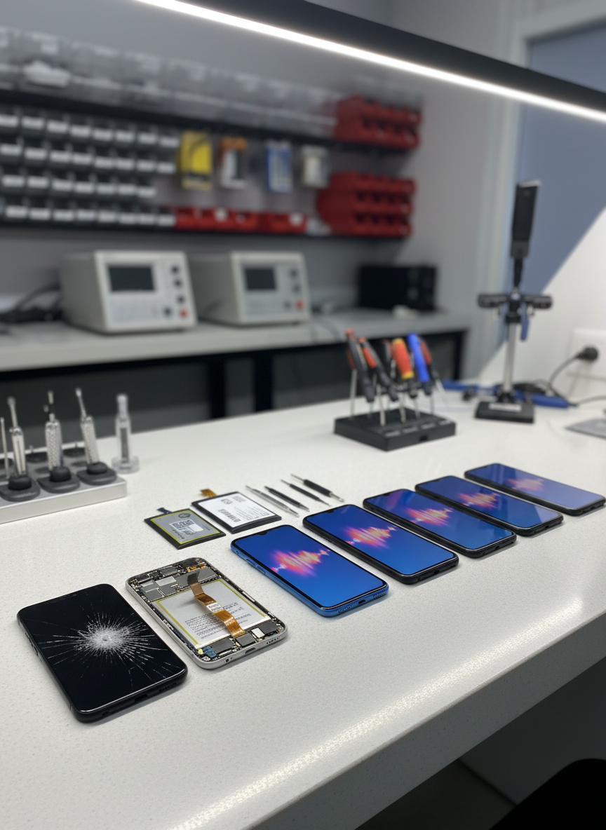 A clean, photographic scene of multiple smartphones neatly arranged in a row on a light gray work surface, each labeled with a distinct visual status: one with a visibly cracked screen, one partially disassembled with its display lifted, one waiting with a replacement battery nearby, and several fully repaired phones with bright but generic, non-text displays. The surrounding environment hints at a busy but organized repair shop, with blurred storage racks, diagnostic devices, and tool stands in the background. Even, bright overhead LED lighting eliminates harsh shadows and adds soft reflections to the glass screens. Shot from a slightly elevated, wide composition with sharp focus across most of the frame, the mood is efficient and systematic, visually conveying the smooth workflow and reliability of a professional phone repair service.
